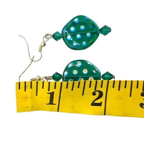 Colored Glass Bead Flat Round Green Spotted Dangle Hook Earrings Candy - Picture 4 of 4